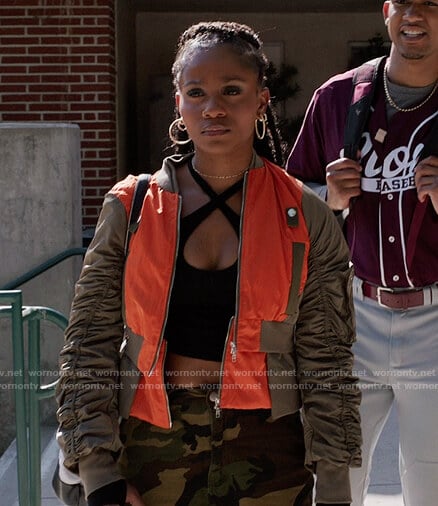 Simone's colorblock jacket on All American Homecoming