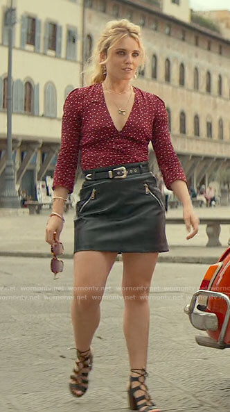 Sloane's red dotted top and leather skirt on From Scratch