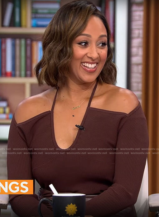 Tamera Mowry-Housley's brown cutout top and leather skirt on CBS Mornings