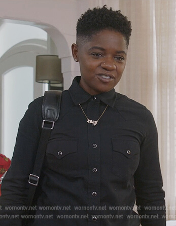 Tamia's black pearl button shirt on All American