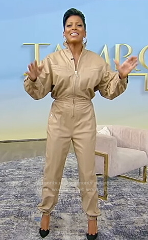 Tamron's khaki leather jumpsuit on Tamron Hall Show