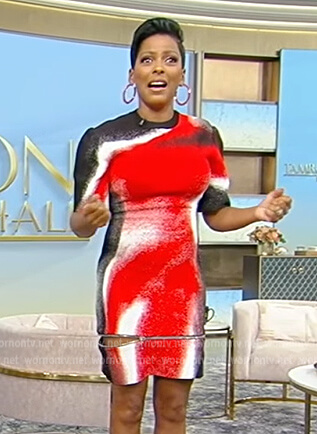 Tamron's red spray paint print dress on Tamron Hall Show