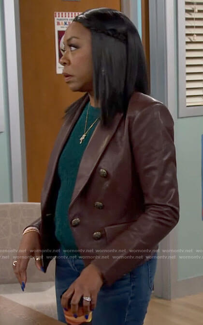 Tina's burgundy leather blazer on The Neighborhood