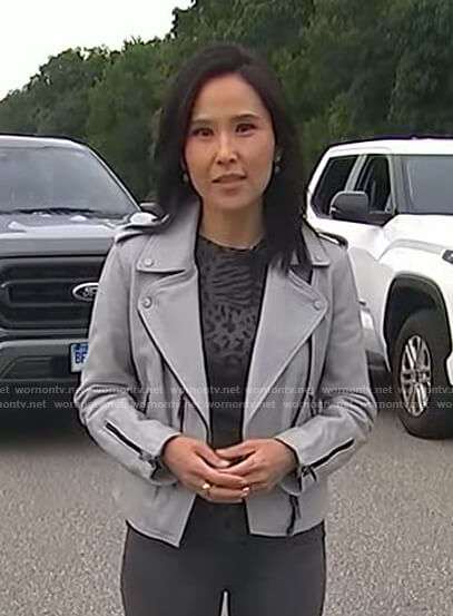 Vicky's grey print top and moto jacket on Today