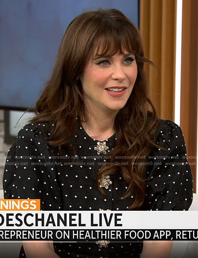 Zooey Deschanel's polka dot dress with jewel buttons on CBS Mornings