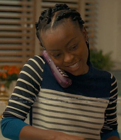 Zora's blue striped colorblock sweater on From Scratch