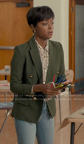 Zora's green blazer with gold buttons on From Scratch