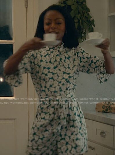 Zora's green floral romper on From Scratch