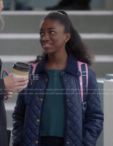 Zola's green top and navy quilted jacket on Greys Anatomy