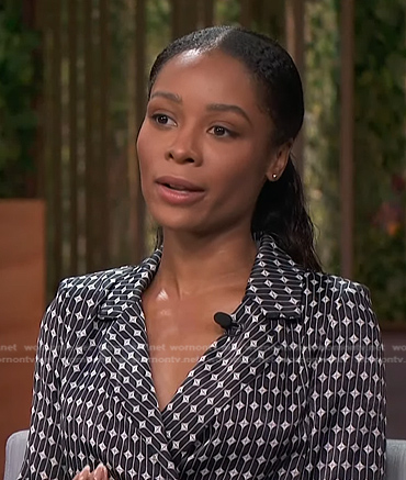 Zuri's black printed wrap dress on Access Hollywood