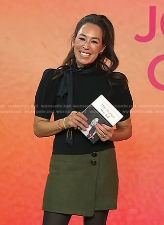 Joanna Gaines's black tie neck top and green skirt on Today