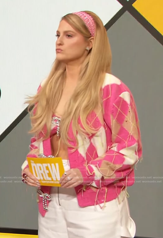 Meghan Trainor's pink embellished cardigan on The Drew Barrymore Show