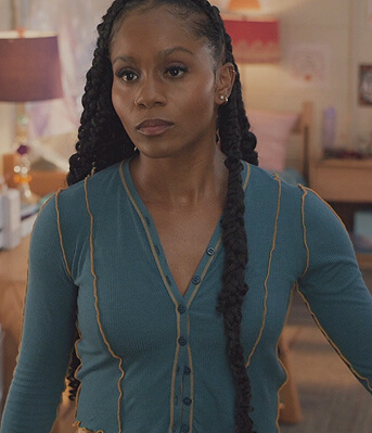 Simone's blue contrast piping cardigan on All American Homecoming