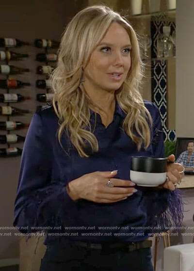 Abby's navy feather cuff shirt on The Young and the Restless