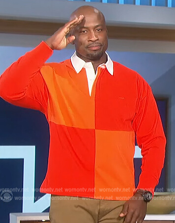Akbar's orange two-tone rugby shirt on The Talk