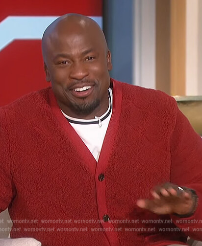 Akbar's red teddy cardigan on The Talk