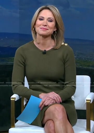 Amy's khaki green button shoulder dress on Good Morning America
