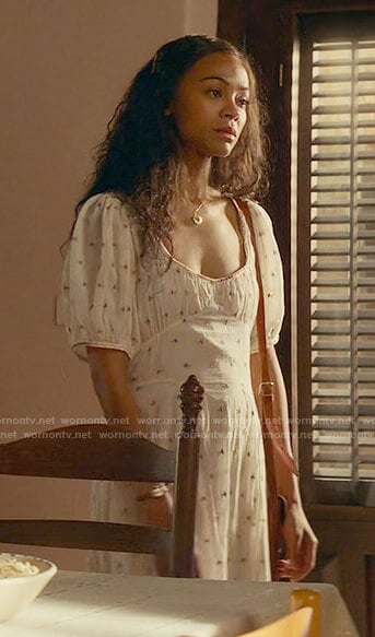 Amy's white embroidered dress on From Scratch