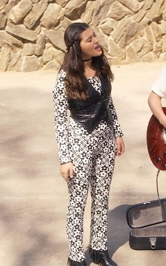 Ana's retro floral top and pants with leather vest on Monarch