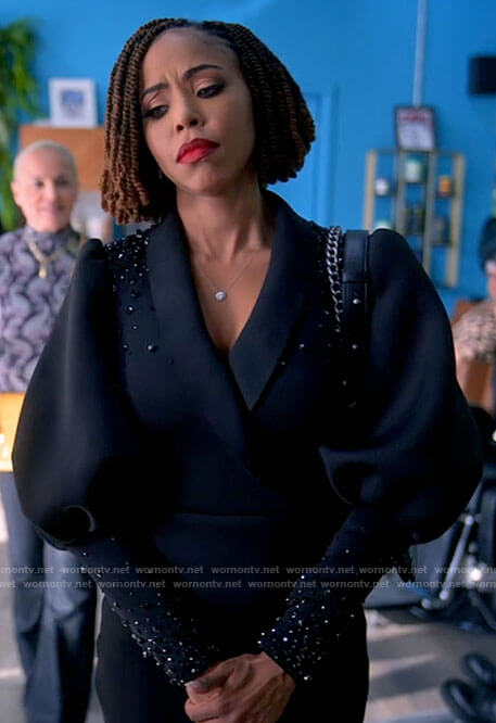 Andi's black embellished puff-sleeve dress on Tyler Perrys Sistas