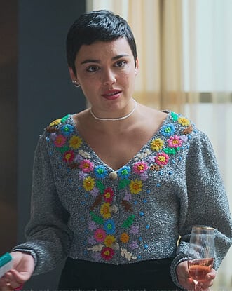 Ari's gray floral embroidered cardigan on Elite