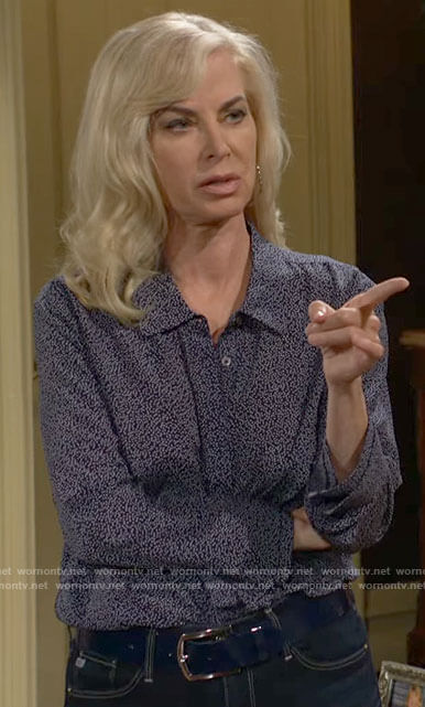 Ashley's blue dotted print button down blouse on The Young and the Restless