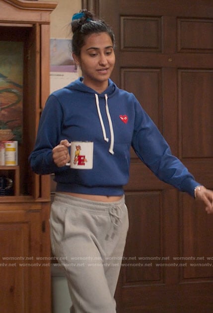 Bela's blue hoodie with heart on The Sex Lives of College Girls