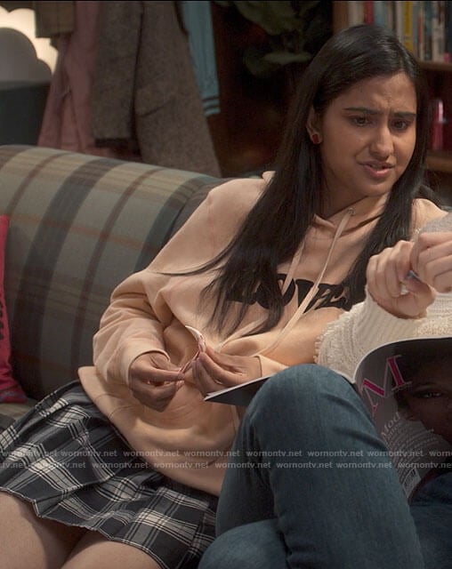 Bela's peach Lover hoodie on The Sex Lives of College Girls