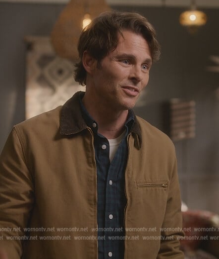 Ben's brown contrast collar jacket on Dead to Me