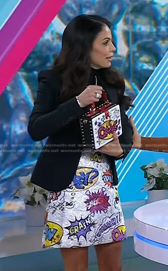 Bethenny Frankel's white graphic print mini skirt and bag on Today