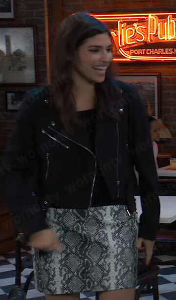 Brook Lynn's snake print skirt and black suede moto jacket on General Hospital