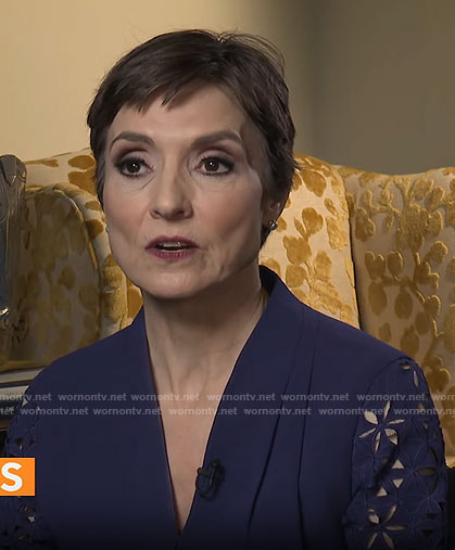 Catherine Herridge's navy blue eyelet sleeve dress on CBS Mornings