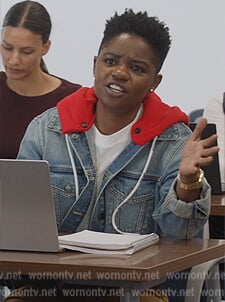 Coop's cropped denim jacket with red hoodie on All American