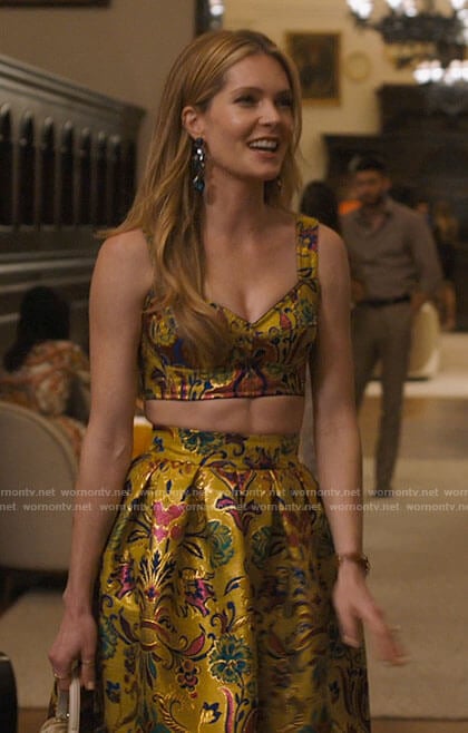 Daphne's yellow floral jacquard crop top and skirt set on The White Lotus