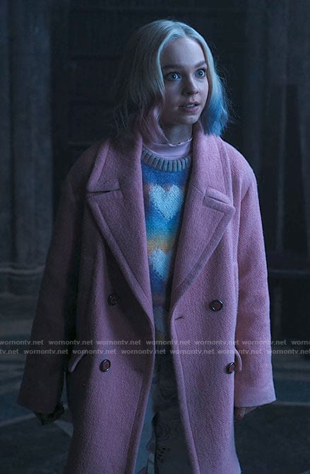 Enid's pink coat on Wednesday