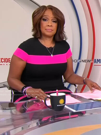 Gayle King's black and pink stripe dress on CBS Mornings