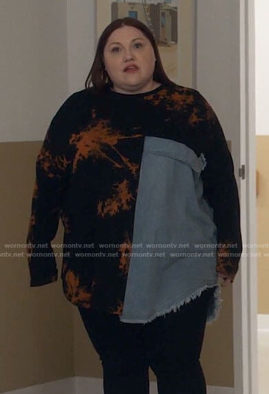Gigi's tie dye top with denim panel on Monarch