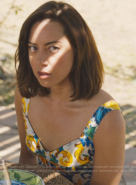 Harper's baroque print bustier top on The White Lotus