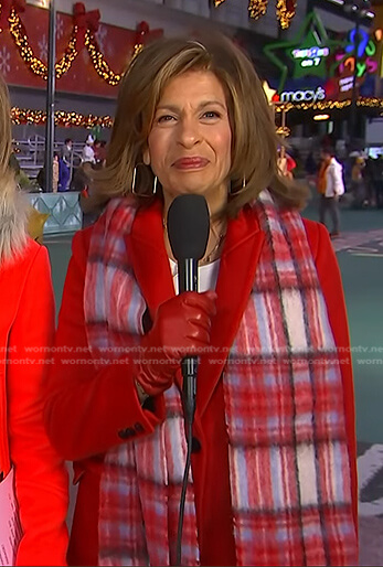 Hoda's red coat and plaid scarf on Today