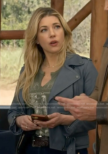 Jenny's Janis Joplin t-shirt and slate blue leather jacket on Big Sky