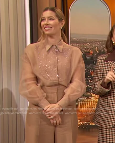 Jessica Biel's pink sheer embellished blouse on The Drew Barrymore Show