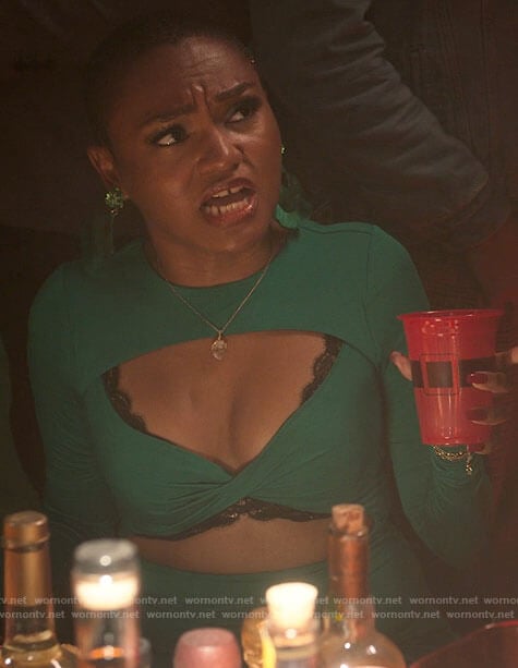 Jocelyn's green cutout twisted dress on The Sex Lives of College Girls