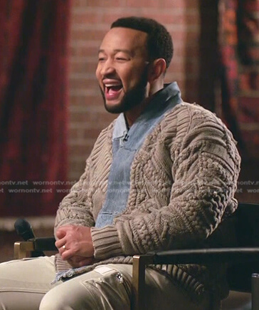 John's cable knit denim trim cardigan on The Voice