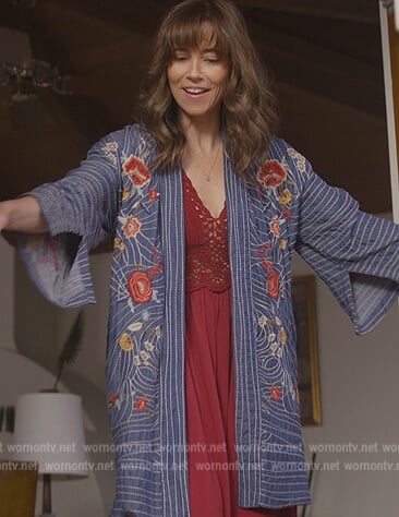 Judy's blue floral embroidered cardigan on Dead to Me