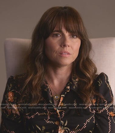 Judy's black floral dress and necklace on Dead to Me
