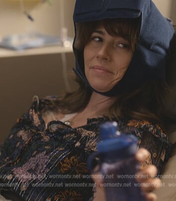 Judy's floral metallic ruffle blouse on Dead to Me