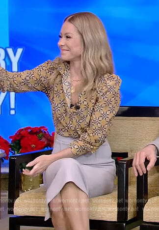 Kelly's yellow geometric print blouse on Live with Kelly and Ryan