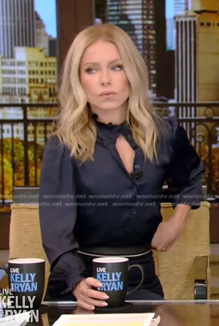 Kelly's navy ruffle blouse and pencil skirt on Live with Kelly and Ryan