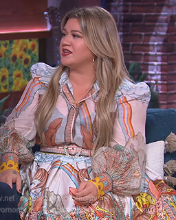 Kelly's print blouse and mini skirt on The Kelly Clarkson Show