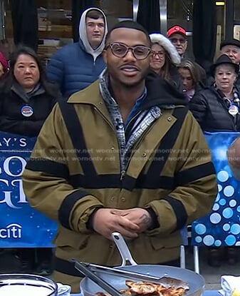 Kwame Onwuachi's khaki contrast strap jacket on Today